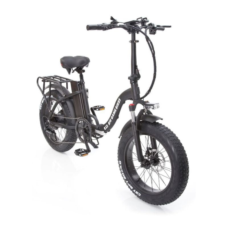 Close‑up of front suspension fork and fat 20×4″ tire