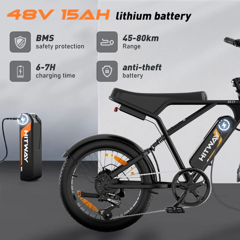 Removable 48V 15Ah battery locked in place