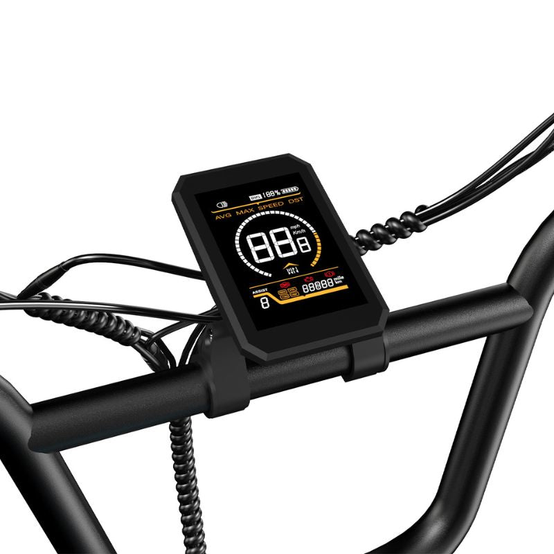 Close-up of ECORUSH R6 LCD display on handlebars