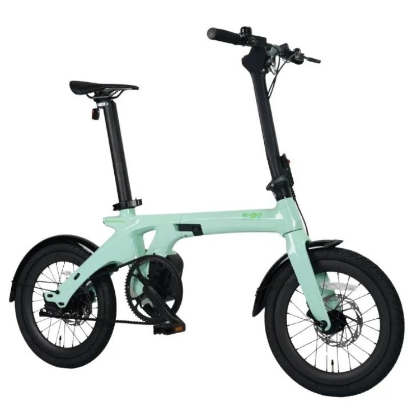 CarbonLite folding e‑bike handlebar view with integrated Topology TFT display and carbon fibre grips