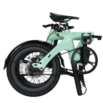 CarbonLite folding e‑bike underside view showing ultra‑light build and clean belt drive system 