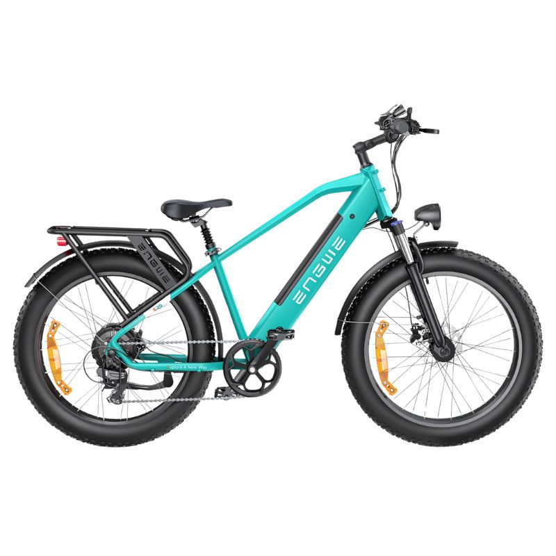 ENGWE E26 fat‑tire e‑bike overall look, Blue finish, urban setting, side profile