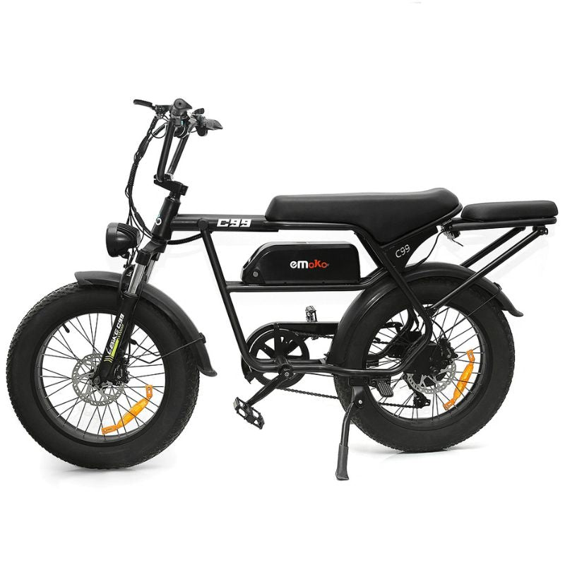 Emoko C99 electric cargo bike side view on city street – black fat tire e-bike