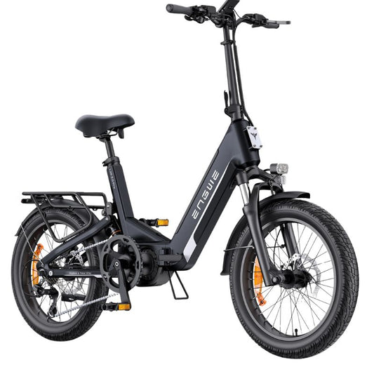 Front-side view of ENGWE L20 3.0 Pro folding e-bike in champagne finish showing full frame and 20″ wheels