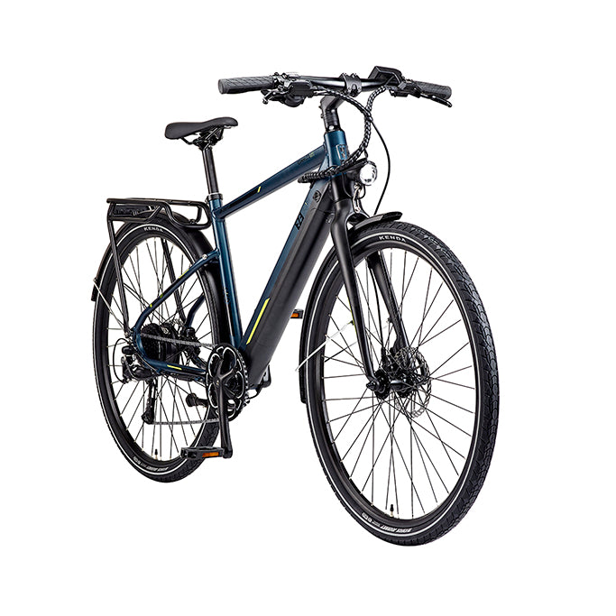 Close-up of hydraulic disc brakes and 700x45c Kenda tyres on e-bike