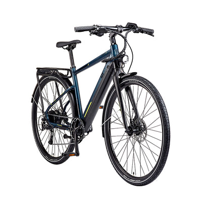 Close-up of hydraulic disc brakes and 700x45c Kenda tyres on e-bike