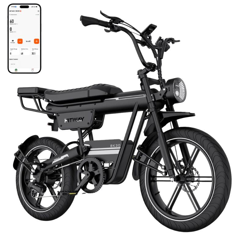 HITWAY BK30 fat‑tyre electric bike front handlebar and LCD display view showing controls and throttle