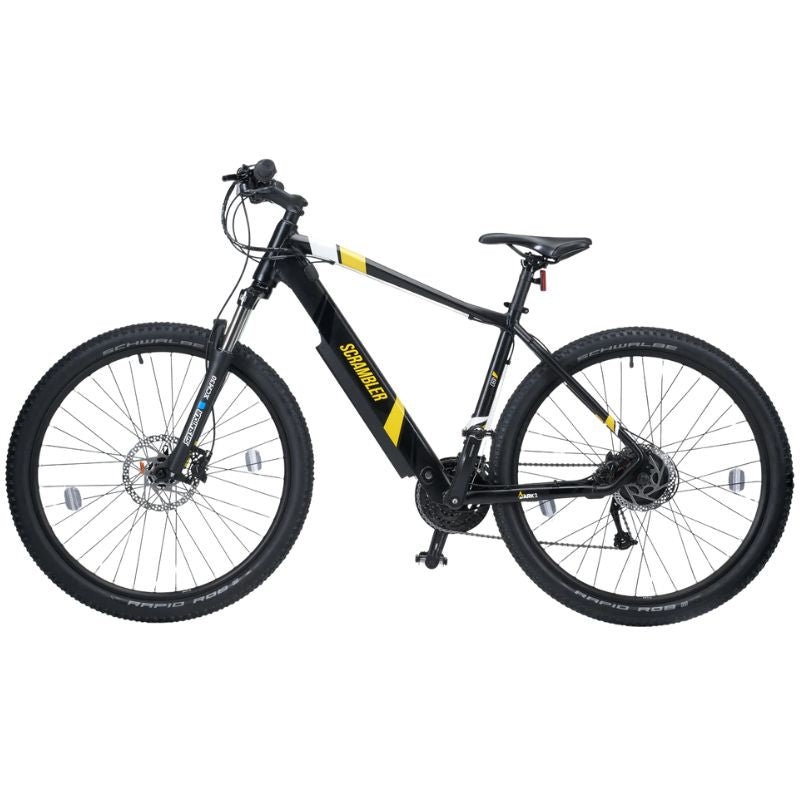 Mark2 Scrambler yellow model on UK trail showing alloy frame and suspension fork