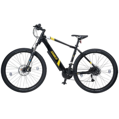 Mark2 Scrambler yellow model on UK trail showing alloy frame and suspension fork