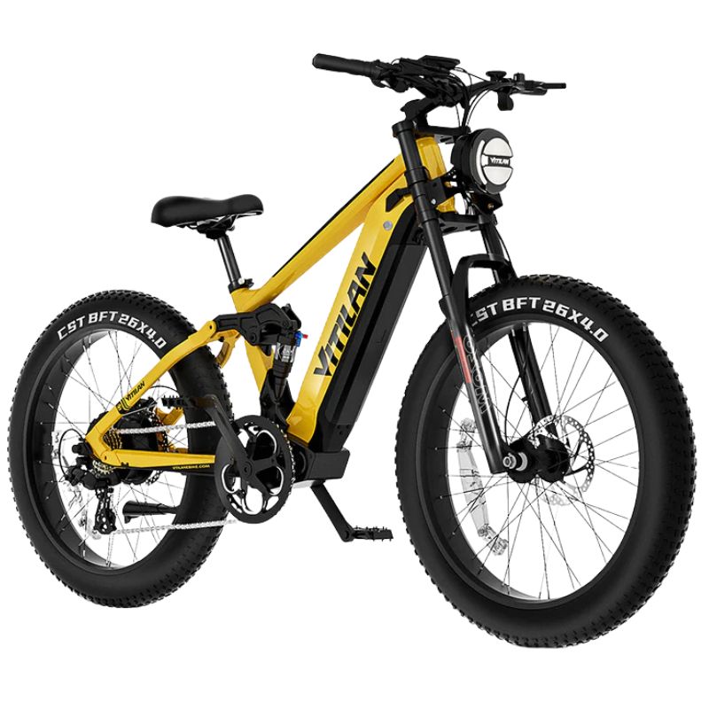 Front view of Vitilan T7 LED headlight and fat tyre ready for off-road