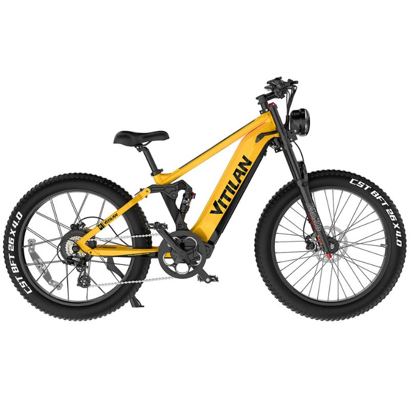 Vitilan T7 e-bike rear 3/4 view showing four-link suspension and rear shock absorber