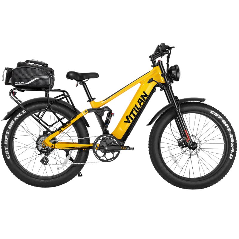 Vitilan T7 full suspension mountain e-bike front view yellow frame