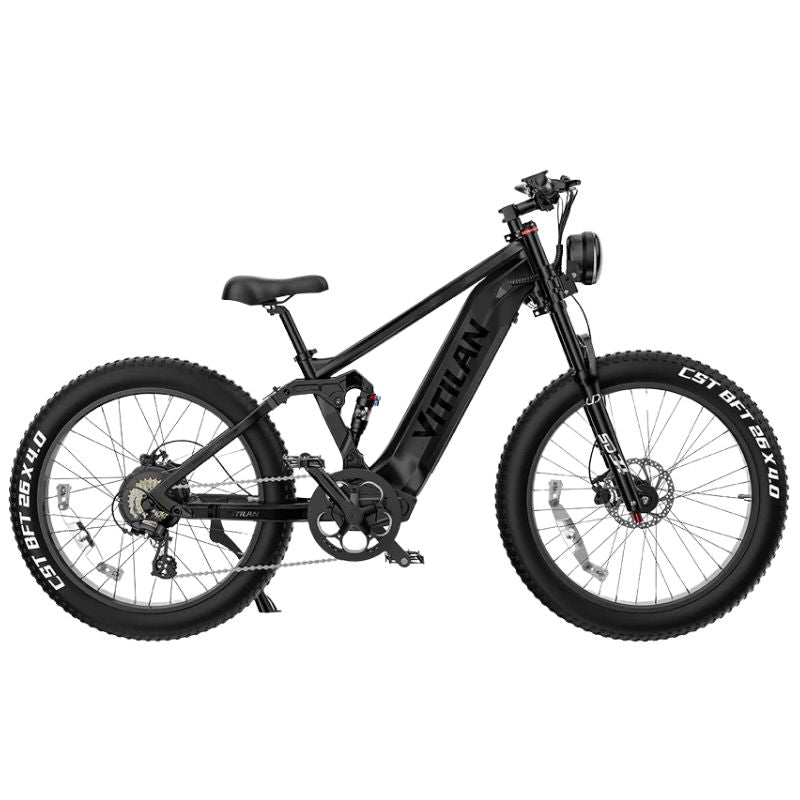 Vitilan T7 full suspension mountain e-bike side view with 26 inch fat tyres