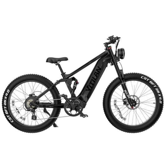 Vitilan T7 full suspension mountain e-bike side view with 26 inch fat tyres