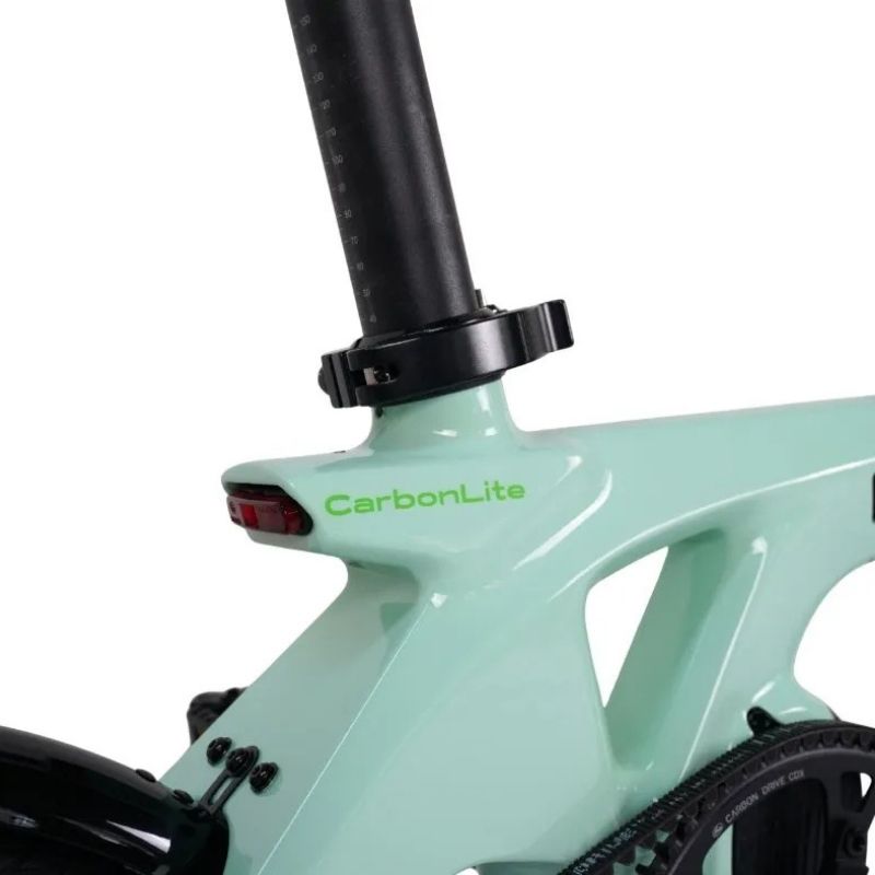CarbonLite folding e‑bike close‑up of Tektro HD‑M280 hydraulic disc brake caliper on wheel
