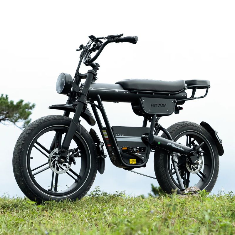 HITWAY BK30 fat‑tyre electric bike full setup in urban/ outdoor environment showing the entire bike with fat tyres, dual suspension and rugged stance