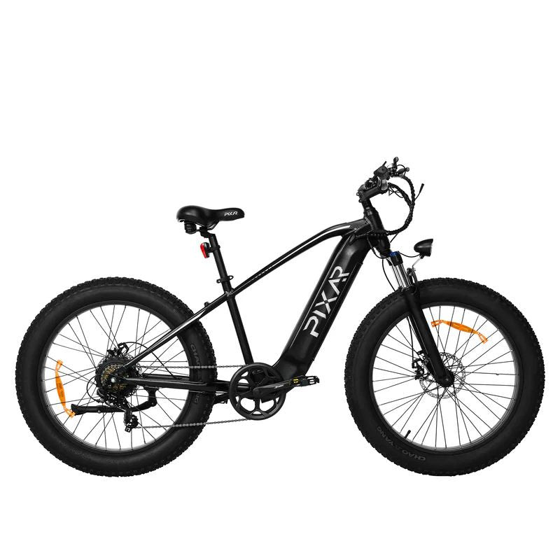 Side view of PIXAR Space1 fat‑tyre e‑mountain bike against mountain trail