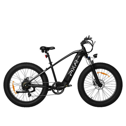 Side view of PIXAR Space1 fat‑tyre e‑mountain bike against mountain trail