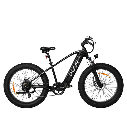 Side view of PIXAR Space1 fat‑tyre e‑mountain bike against mountain trail