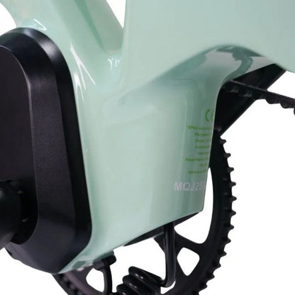 CarbonLite folding e‑bike rear view showing carbon‑fibre belt drive and torque sensor mid‑drive motor
