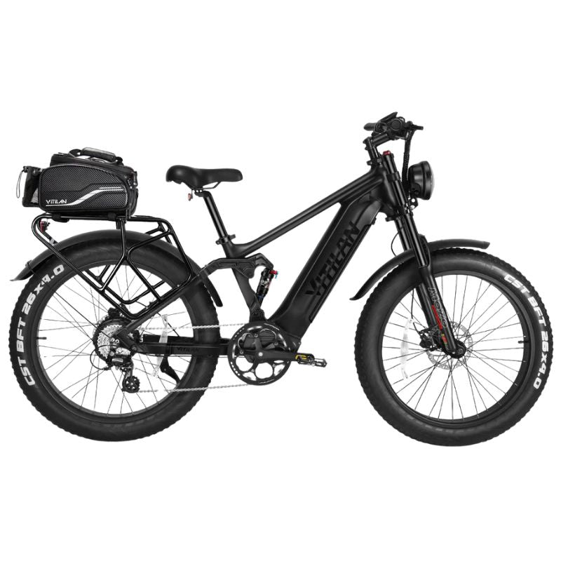 Vitilan T7 e-bike side profile black with fat 26 inch tires on rough trail